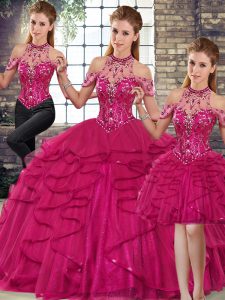 Glorious Floor Length Lace Up Quinceanera Gown Fuchsia for Military Ball and Sweet 16 and Quinceanera with Beading and Ruffles