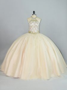 Floor Length Champagne Quinceanera Dress Tulle Sleeveless Beading