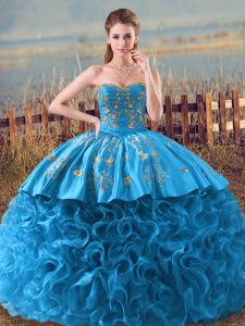 Baby Blue Fabric With Rolling Flowers Lace Up Quinceanera Dresses Sleeveless Floor Length Brush Train Embroidery and Ruffles