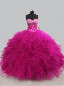 Beading and Ruffles Sweet 16 Dress Fuchsia Lace Up Sleeveless Floor Length