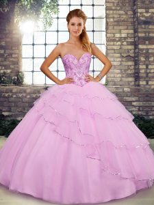 Vintage Lilac Tulle Lace Up 15th Birthday Dress Sleeveless Brush Train Beading and Ruffled Layers