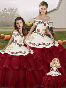 Super Sleeveless Embroidery and Ruffled Layers Lace Up Quinceanera Gown with Wine Red Brush Train