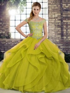 Comfortable Olive Green Quinceanera Gowns Off The Shoulder Sleeveless Brush Train Lace Up