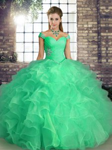 Low Price Sleeveless Floor Length Beading and Ruffles Lace Up Quinceanera Gown with Turquoise