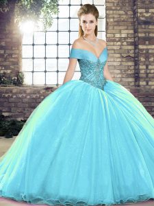 Classical Off The Shoulder Sleeveless Quinceanera Dresses Brush Train Beading Aqua Blue Organza