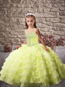 Cheap Straps Sleeveless Little Girls Pageant Dress Wholesale Brush Train Beading and Ruffled Layers Yellow Green Organza