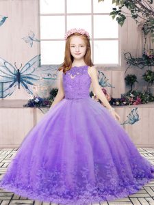 Customized Scoop Sleeveless Tulle Girls Pageant Dresses Lace and Appliques Backless