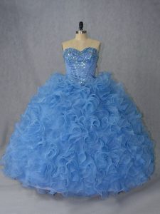 Blue Lace Up Sweetheart Beading and Ruffles 15 Quinceanera Dress Organza Sleeveless Brush Train