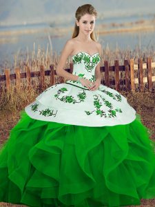 Flare Green Quinceanera Gown Military Ball and Sweet 16 and Quinceanera with Embroidery and Ruffles and Bowknot Sweetheart Sleeveless Lace Up