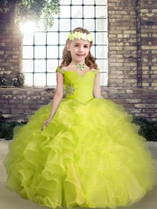 Yellow Green Straps Neckline Beading and Ruffles Kids Pageant Dress Sleeveless Lace Up