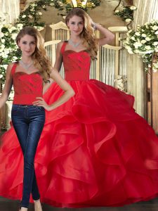 High Quality Floor Length Two Pieces Sleeveless Red 15th Birthday Dress Lace Up