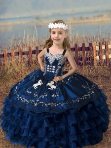 Sleeveless Lace Up Floor Length Embroidery and Ruffled Layers Little Girls Pageant Gowns