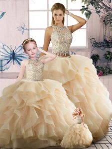 Beading and Ruffles Quince Ball Gowns Champagne Zipper Sleeveless Floor Length