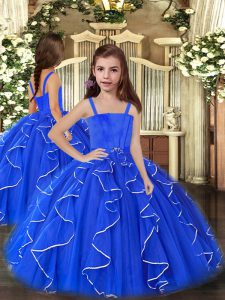 Dramatic Floor Length Lace Up Little Girls Pageant Gowns Royal Blue for Party and Sweet 16 and Wedding Party with Ruffles