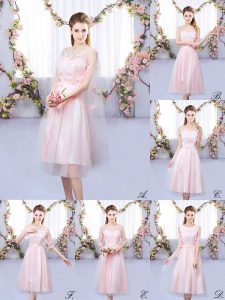 Glittering Empire Quinceanera Dama Dress Baby Pink V-neck Tulle Sleeveless Tea Length Lace Up