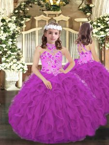 Fancy Purple Ball Gowns Embroidery and Ruffles Kids Formal Wear Lace Up Tulle Sleeveless Floor Length