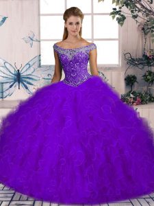 Purple Ball Gowns Off The Shoulder Sleeveless Tulle Brush Train Lace Up Beading and Ruffles Vestidos de Quinceanera