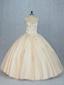 Custom Fit Ball Gowns 15 Quinceanera Dress Champagne V-neck Tulle Sleeveless Floor Length Lace Up