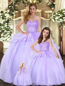 Lavender Sleeveless Organza Lace Up Quince Ball Gowns for Military Ball and Sweet 16 and Quinceanera