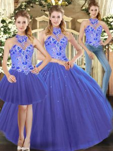 Blue Lace Up Halter Top Embroidery Quinceanera Gown Sleeveless