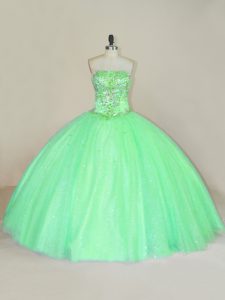 Green Ball Gowns Tulle Strapless Sleeveless Beading and Sequins Floor Length Lace Up 15th Birthday Dress