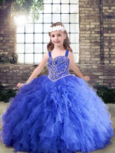 Pretty Blue Straps Lace Up Beading and Ruffles Pageant Gowns For Girls Sleeveless