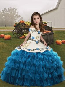 Blue Sleeveless Floor Length Embroidery and Ruffled Layers Lace Up Kids Formal Wear