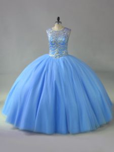 Sleeveless Floor Length Beading Lace Up 15 Quinceanera Dress with Blue