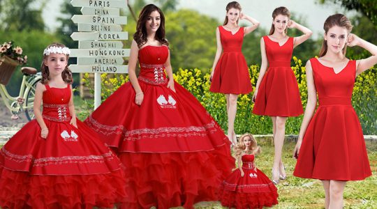 Beauteous Red Ball Gowns Embroidery and Ruffles Quinceanera Gowns Lace Up Satin and Organza Sleeveless Floor Length