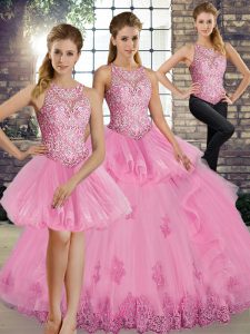 Admirable Floor Length Rose Pink Sweet 16 Quinceanera Dress Scoop Sleeveless Lace Up