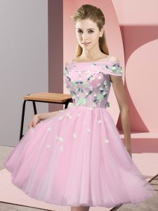 Artistic Off The Shoulder Short Sleeves Court Dresses for Sweet 16 Knee Length Appliques Baby Pink Tulle