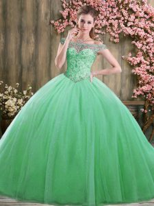 Colorful Tulle Off The Shoulder Sleeveless Lace Up Beading Quinceanera Dress in Green