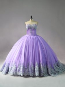 Great Sweetheart Sleeveless Ball Gown Prom Dress Court Train Appliques Lavender Tulle