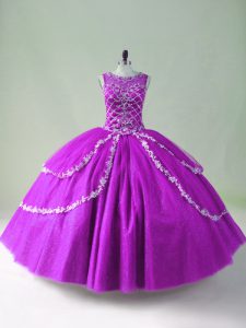 Floor Length Purple Ball Gown Prom Dress Scoop Sleeveless Zipper