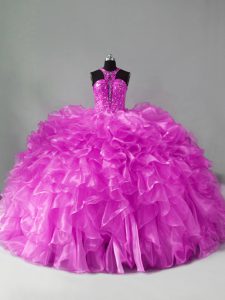 Brush Train Ball Gowns Quince Ball Gowns Lilac Halter Top Organza Sleeveless Zipper