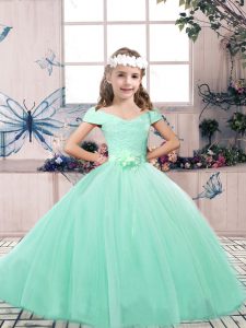 Top Selling Sleeveless Tulle Floor Length Lace Up Kids Pageant Dress in Apple Green with Lace and Belt