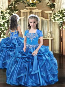 Sleeveless Organza Floor Length Lace Up Little Girls Pageant Dress Wholesale in Baby Blue with Beading and Ruffles