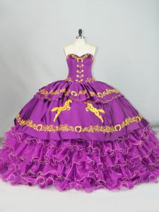 Sweetheart Sleeveless Brush Train Lace Up 15 Quinceanera Dress Purple Satin and Organza