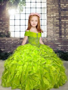 High Quality Olive Green Straps Lace Up Beading Child Pageant Dress Sleeveless