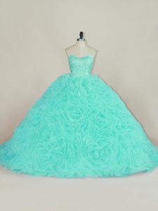 Simple Aqua Blue Ball Gowns Sweetheart Sleeveless Fabric With Rolling Flowers Court Train Lace Up Beading and Ruffles Quinceanera Gown