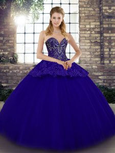 Blue Ball Gowns Tulle Sweetheart Sleeveless Beading and Appliques Floor Length Lace Up Quinceanera Gown