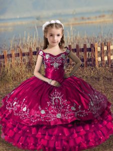 Classical Fuchsia Satin and Organza Lace Up Kids Pageant Dress Sleeveless Floor Length Embroidery and Ruffled Layers