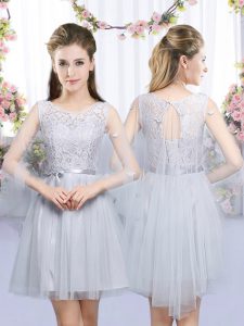 Inexpensive Sleeveless Mini Length Lace and Belt Lace Up Dama Dress for Quinceanera with Grey