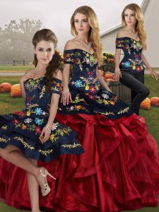 Best Red And Black Lace Up Off The Shoulder Embroidery and Ruffles Quinceanera Dresses Organza Sleeveless