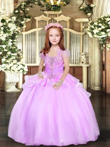 Hot Selling Sleeveless Organza Floor Length Lace Up Little Girls Pageant Dress in Lilac with Beading