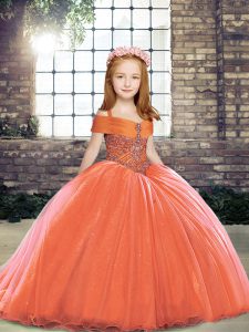 Adorable Straps Sleeveless Little Girl Pageant Dress Floor Length Beading Orange Red Tulle