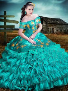 Free and Easy Off The Shoulder Sleeveless Lace Up 15 Quinceanera Dress Aqua Blue Organza