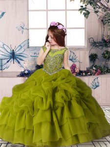 New Arrival Floor Length Olive Green Little Girl Pageant Gowns Organza Sleeveless Beading and Pick Ups