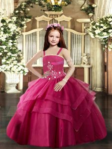 Straps Sleeveless Little Girls Pageant Gowns Floor Length Beading Red Tulle