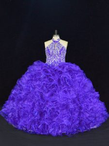 Halter Top Sleeveless Lace Up Sweet 16 Dress Purple Organza